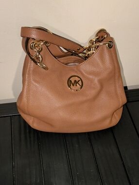 Michael Kors Cognac Pebbled Leather Shoulder Hobo with Gold Logo